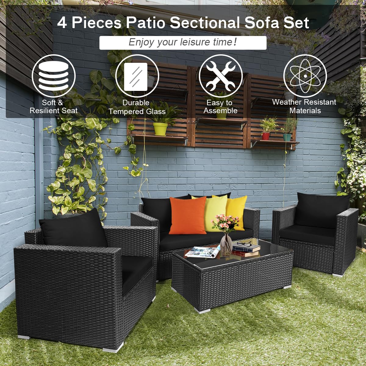 DORTALA 4PCS Patio Rattan Furniture Set, Sofa Set w/Conversation Set w/Seat & Back Cushions, Outdoor Sectional Chair Set for Poolside, Black