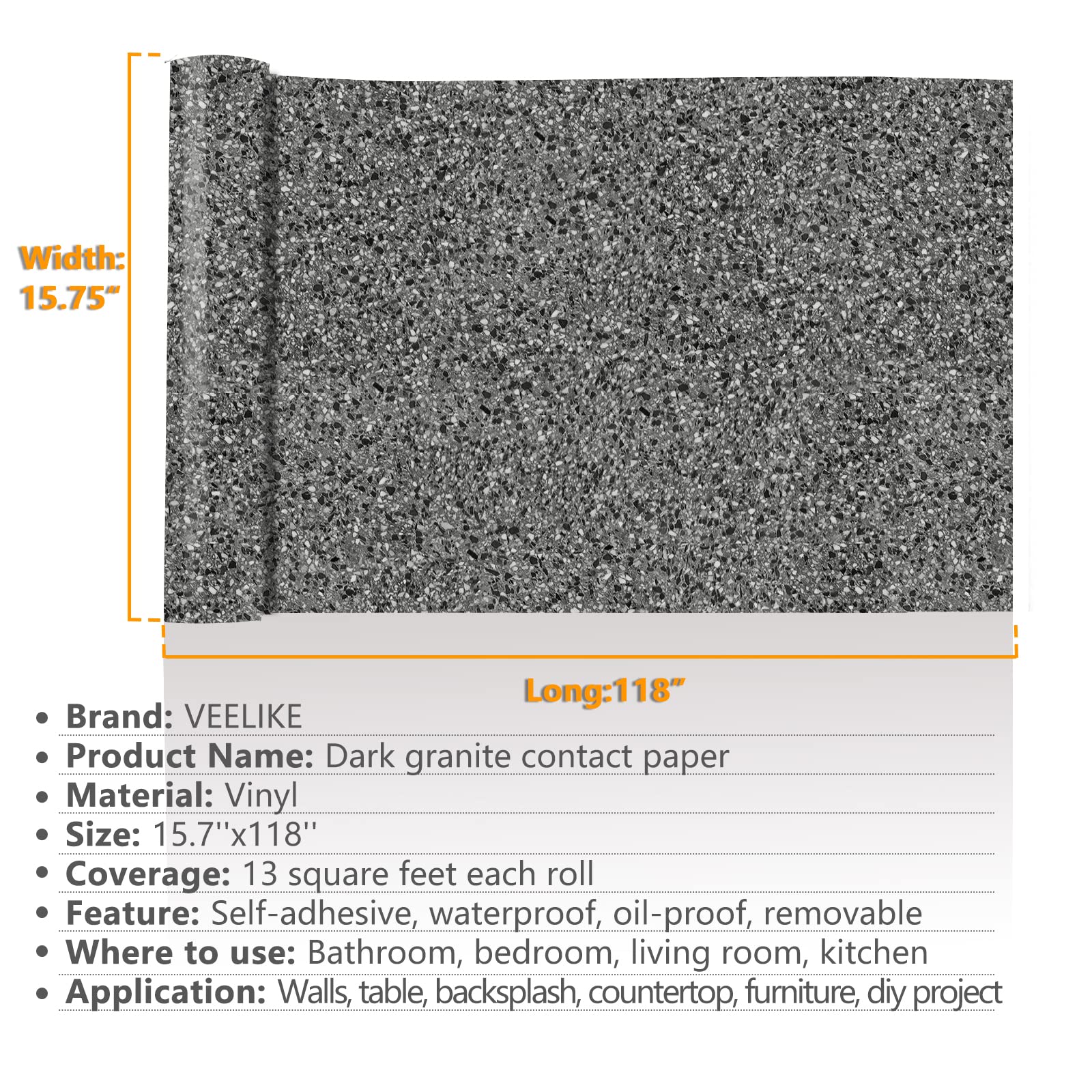 VEELIKE 15.7''x 118'' Granite Contact Paper for Kitchen Countertops Waterproof Marble Contact Paper Peel and Stick for Bathroom Counter Top Self Adhesive Vinyl