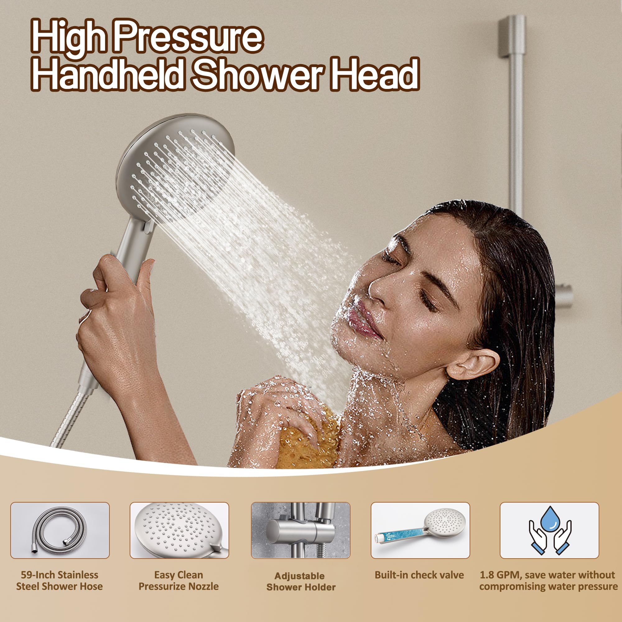 Gabrylly Shower System Brushed Nickel, Slide Bar Shower Faucet Set with High Pressure 10" Rain Shower head and 5-Setting Handheld Shower Combo Set, Shower Valve with Trim and Diverter