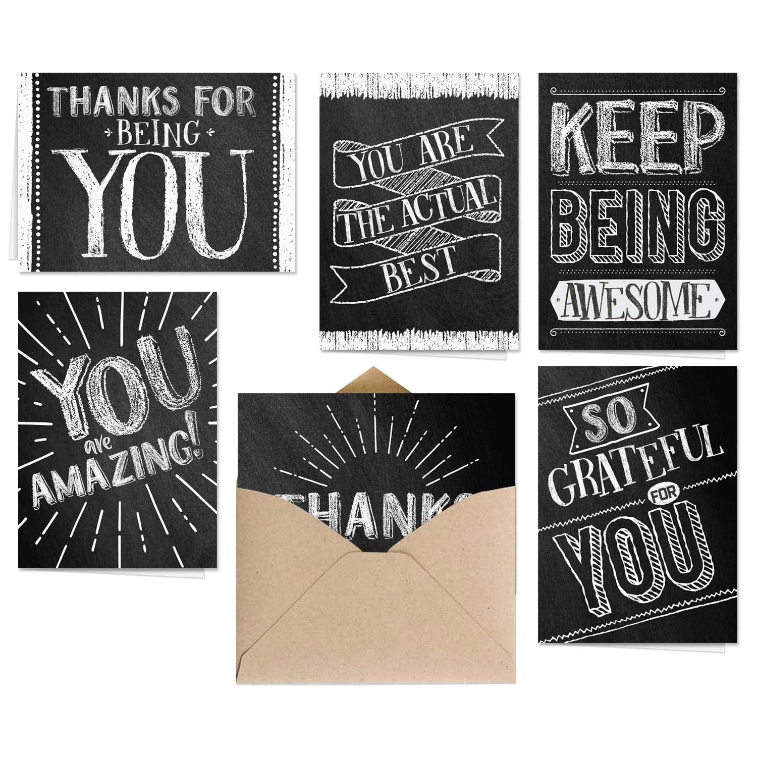 Chalkboard Appreciation Card Set / 24 Thank You Greeting Cards / 6 Retro Chalkboard Note Card Designs / 3 1/2" x 4 7/8" Blank Cards With Kraft Envelopes