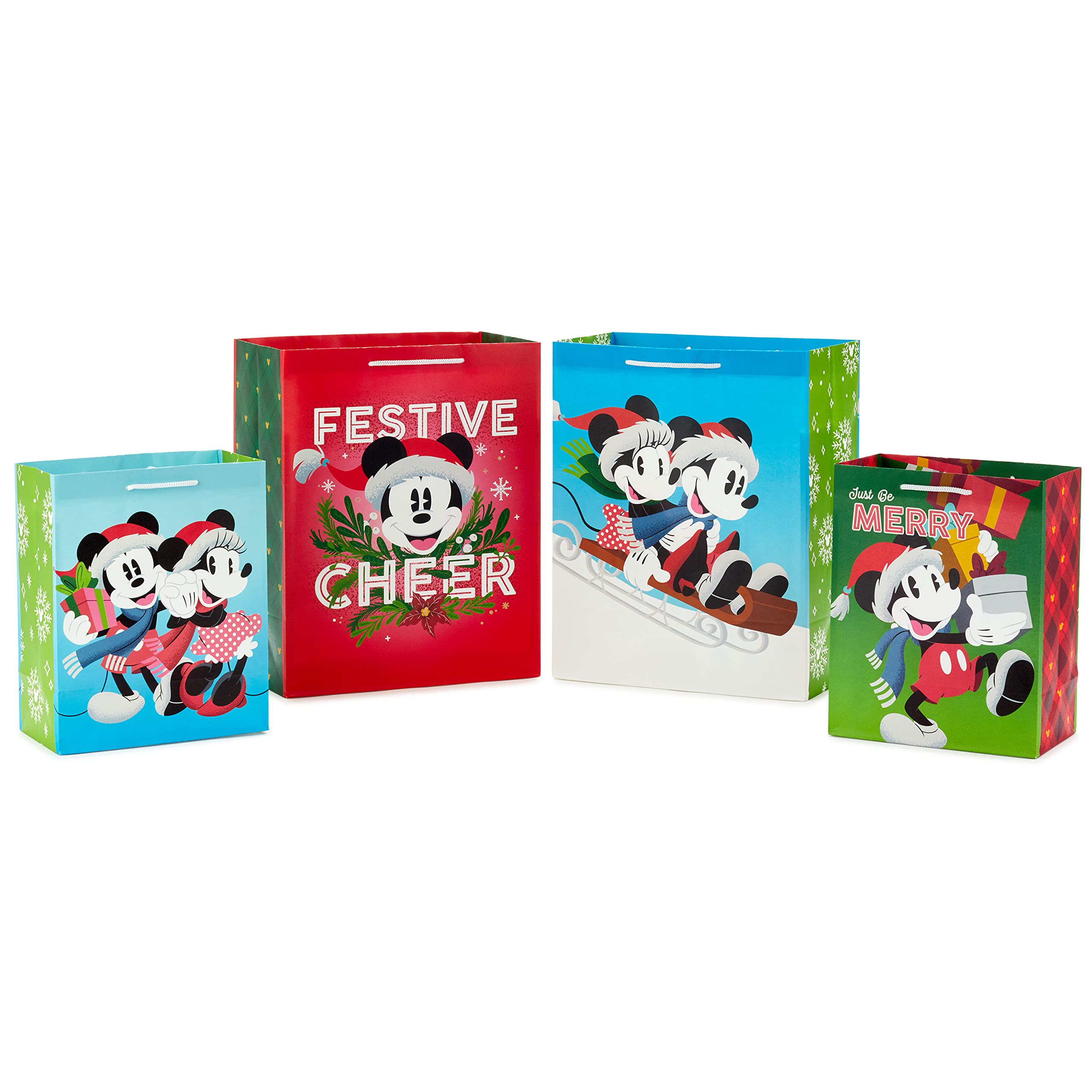 Hallmark Mickey and Minnie Christmas Gift Bags in Assorted Sizes (4 Bags: 2 Medium 9", 2 Large 13") for Kids, Grandchildren, Disney Fans and Collectors