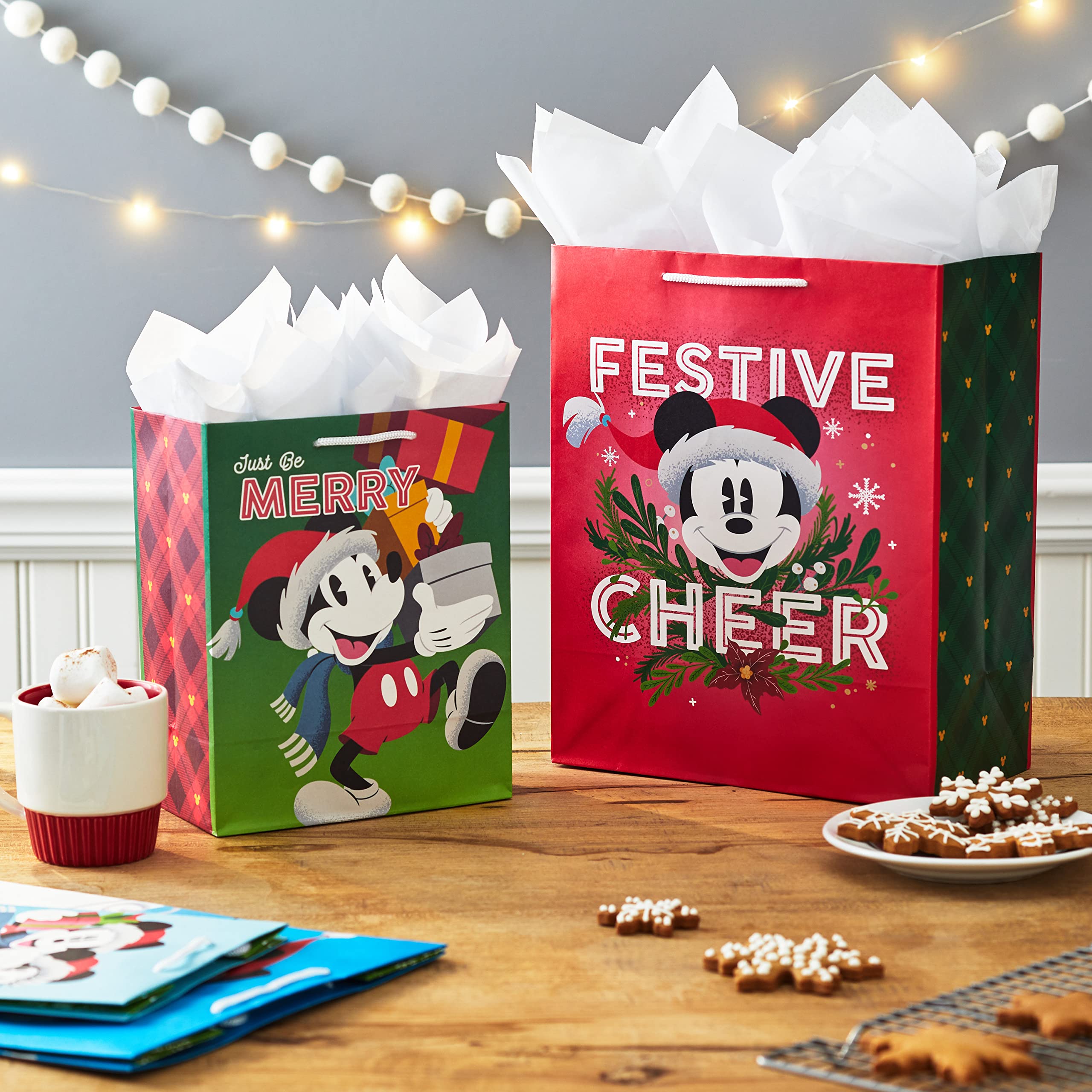 Hallmark Mickey and Minnie Christmas Gift Bags in Assorted Sizes (4 Bags: 2 Medium 9", 2 Large 13") for Kids, Grandchildren, Disney Fans and Collectors