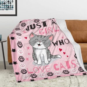 Cute Cat Throw Blanket Ultra Soft Warm Cozy Lightweight Microfiber Blankets, Just a Girl Who Loves Cats, Flannel Sherpa Fuzzy Fluffy Plush Throws for Sofa Couch Bedding All Season 60"x50"