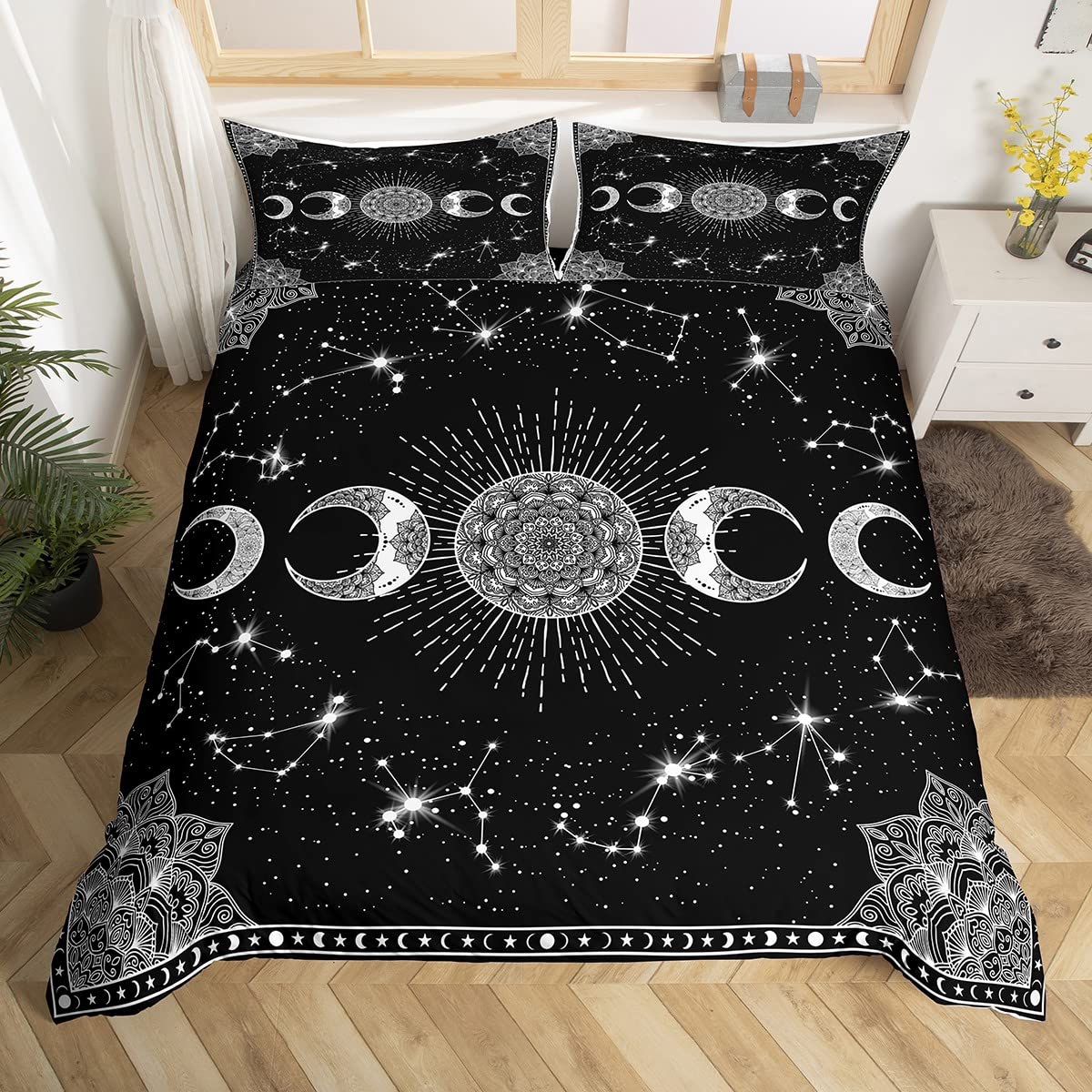 Erosebridal Sun and Moon Duvet Cover Black and White Bedding Set 3pcs for Kids Boys Teens Microfiber Bedspread Cover with 2 Pillow Cases(No Comforter) Full Size