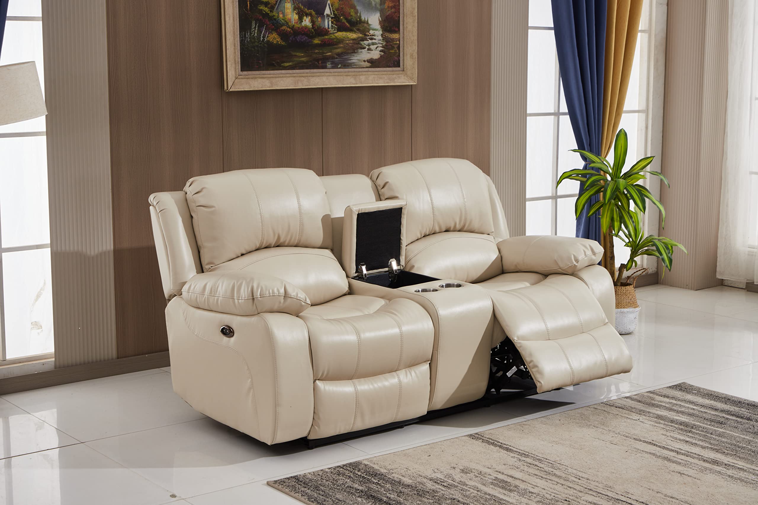 Betsy Furniture Power Reclining Bonded Leather Living Room Set (Beige, Loveseat)