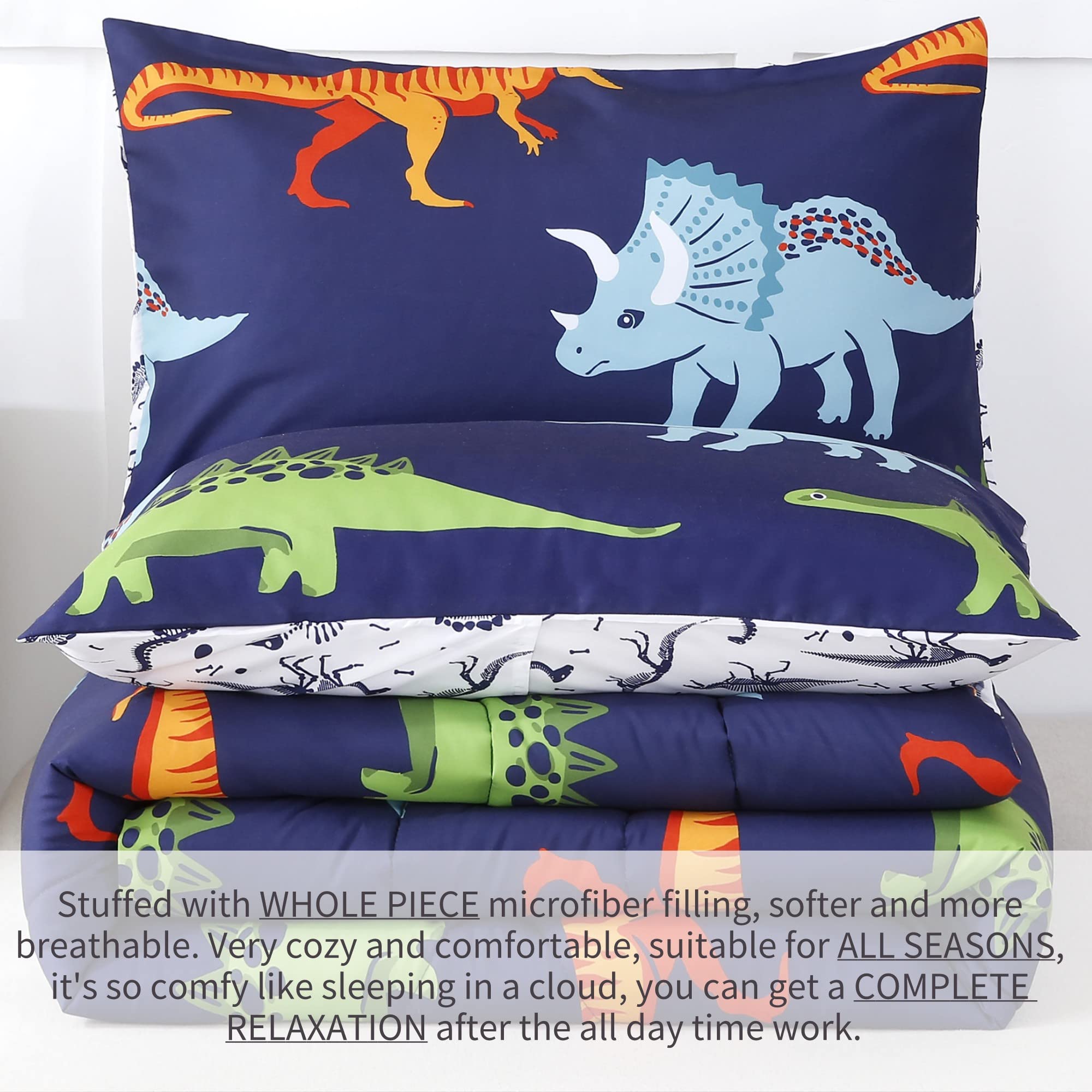 RYNGHIPY Cartoon Dinosaur Comforter Set, Dark Blue Dinosaur Kids Bedding Set for Boys, Dinosaurs Print Comforter Sets for Kids/Toddlers/Teens (Dinosaur,Twin)