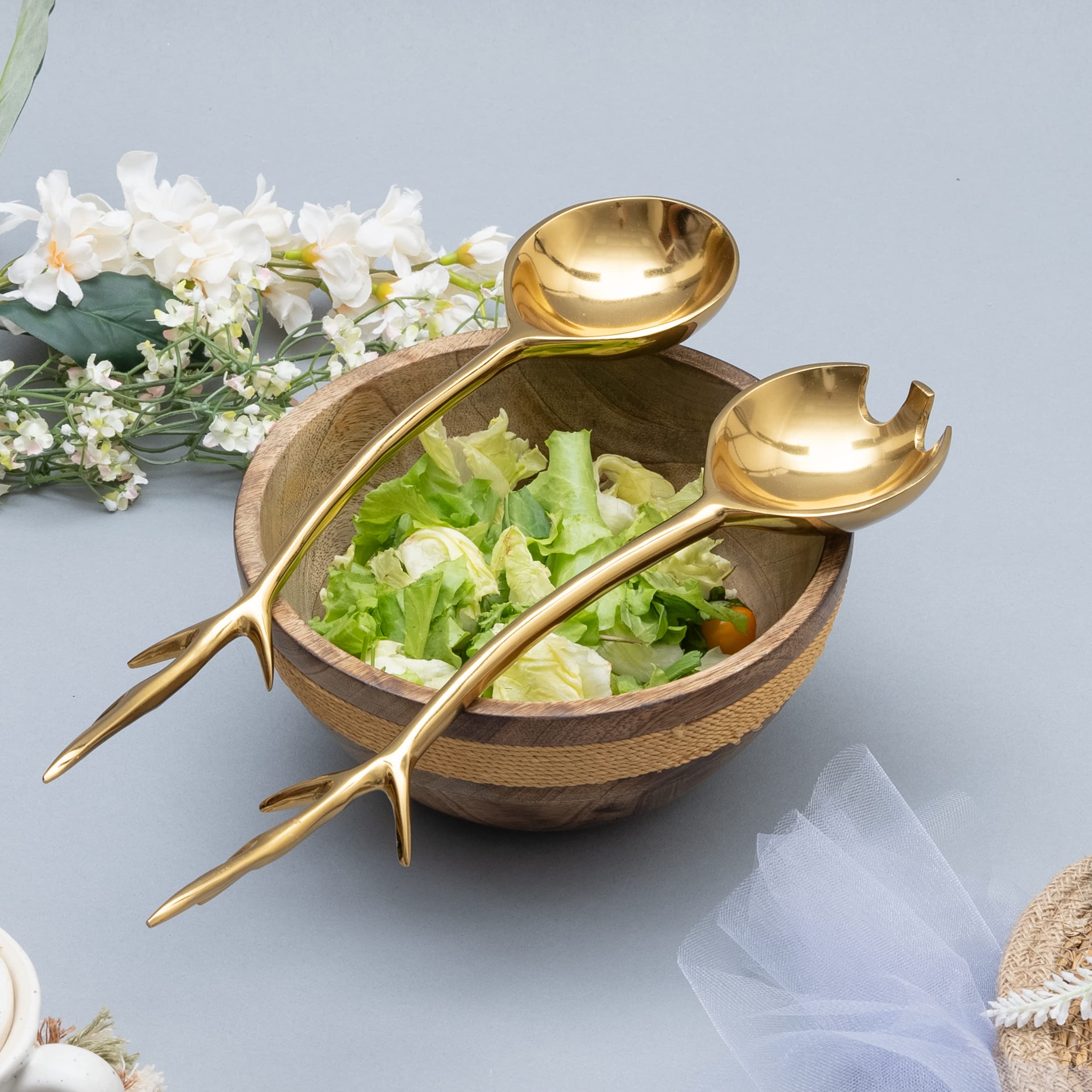 Twig Salad Servers Brass & Stainless Steel, Fork & Spoon Set Leaf Design, Two Tone Ideal for Weddings, Dinner, Elegant Flatware, Housewarming, Stainless Steel Mirror Polished