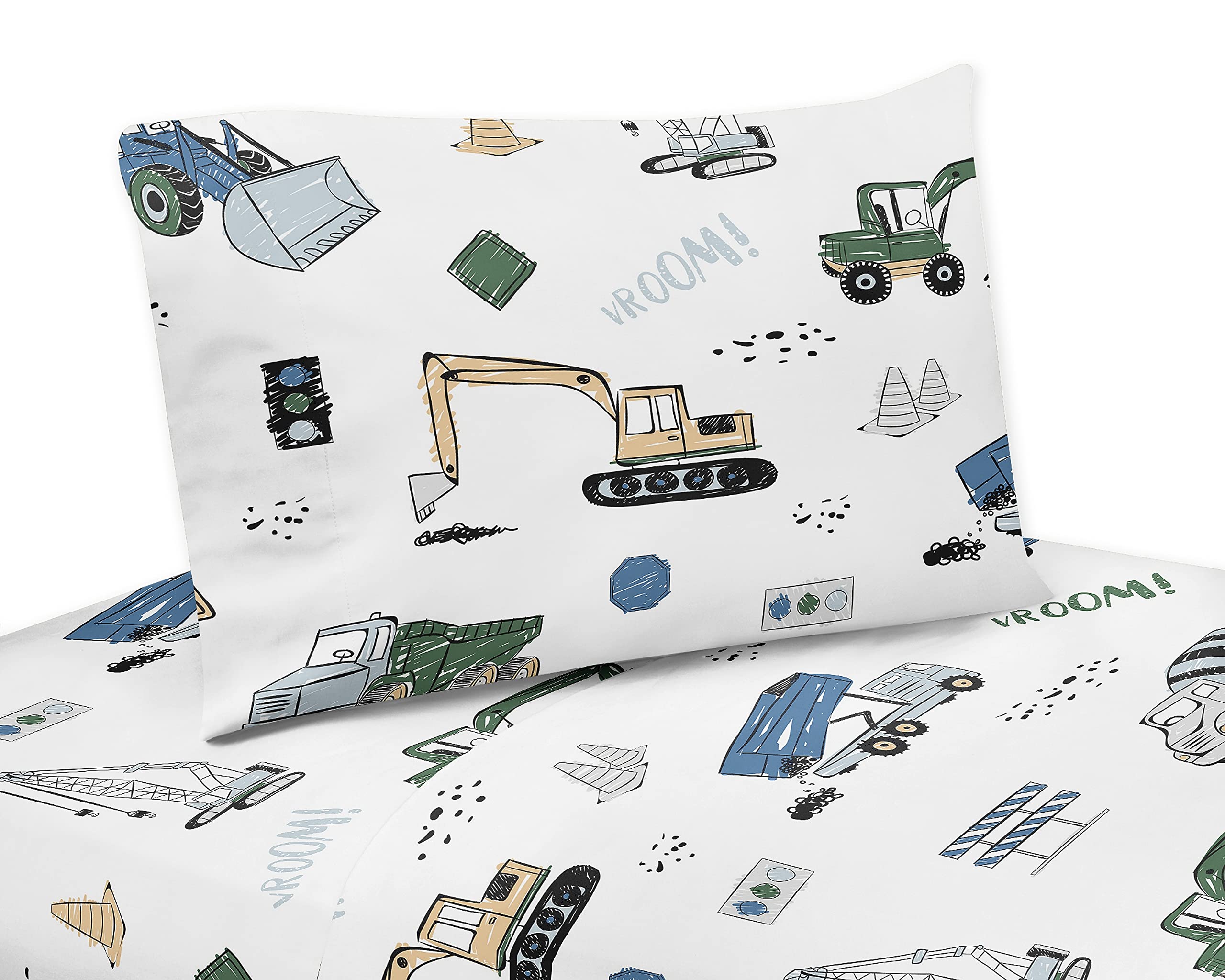 Sweet Jojo Designs Construction Truck Twin Sheet Set - 3 Piece Set - Grey Yellow Black Blue and Green Transportation