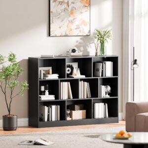 Cozy Castle Black Bookshelf, 3-Tier Open Shelf Bookcase, 10 Cube Storage Organizer with Anti-Tilt Device, Freestanding Horizontal Bookshelf Cube Shelf for Bedroom, Living Room, Office