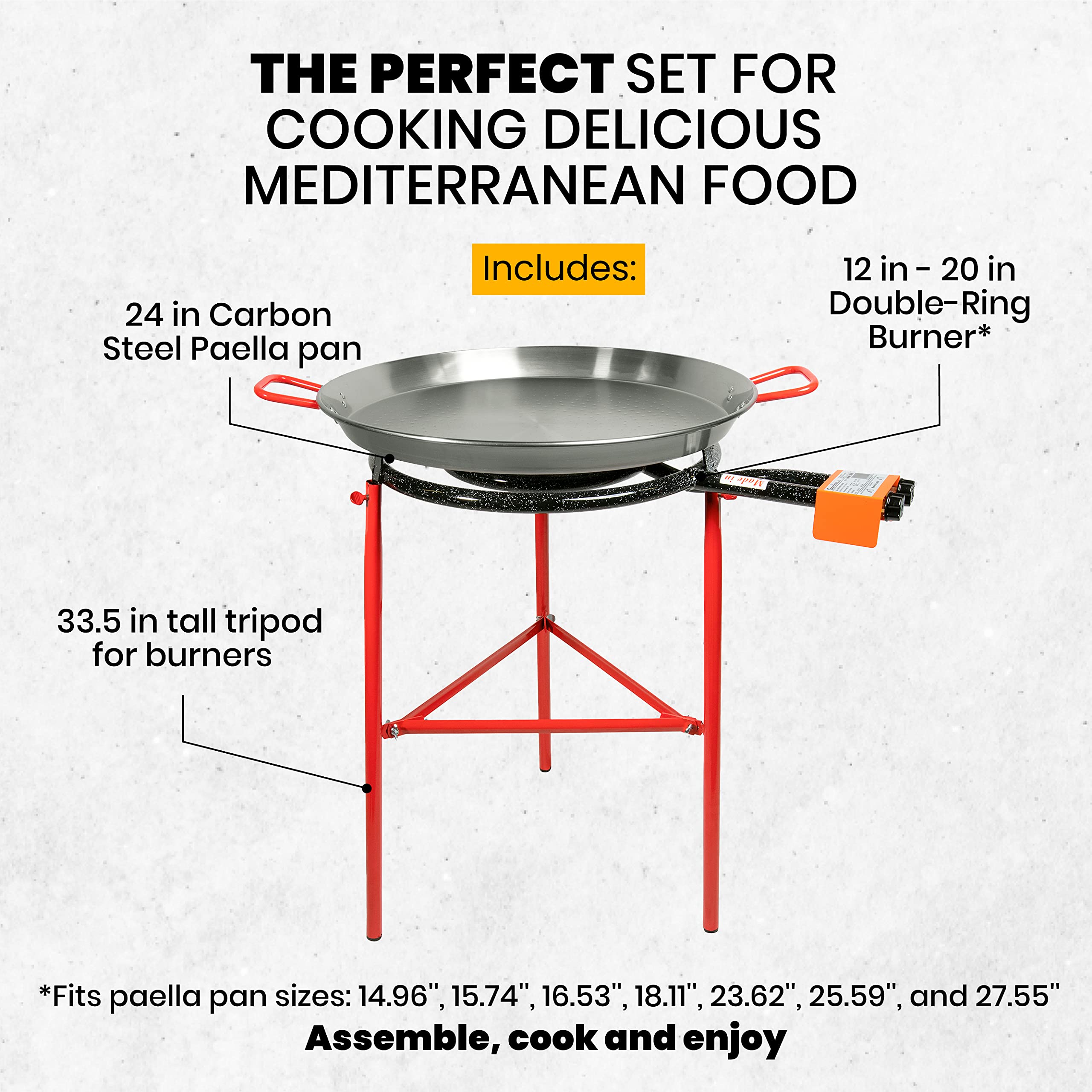 Machika Mirador Set Paella Kit with 24-inch 60-cm Carbon Steel Pan| 12 in 20 in Double Ring Paella Burner and Stand Set (33.5in) Grill Set Perfect for Events, Caterings, Camping | 19 Servings