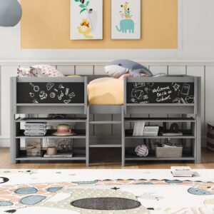 Harper & Bright Designs Kids Low Loft Bed with 2 Movable Storage Shelves, Twin Loft Bed Frame with Chalkboard and Ladder, Multifunctional Loft Bed for Kids Boys&Girls No Box Spring Needed (Gray)