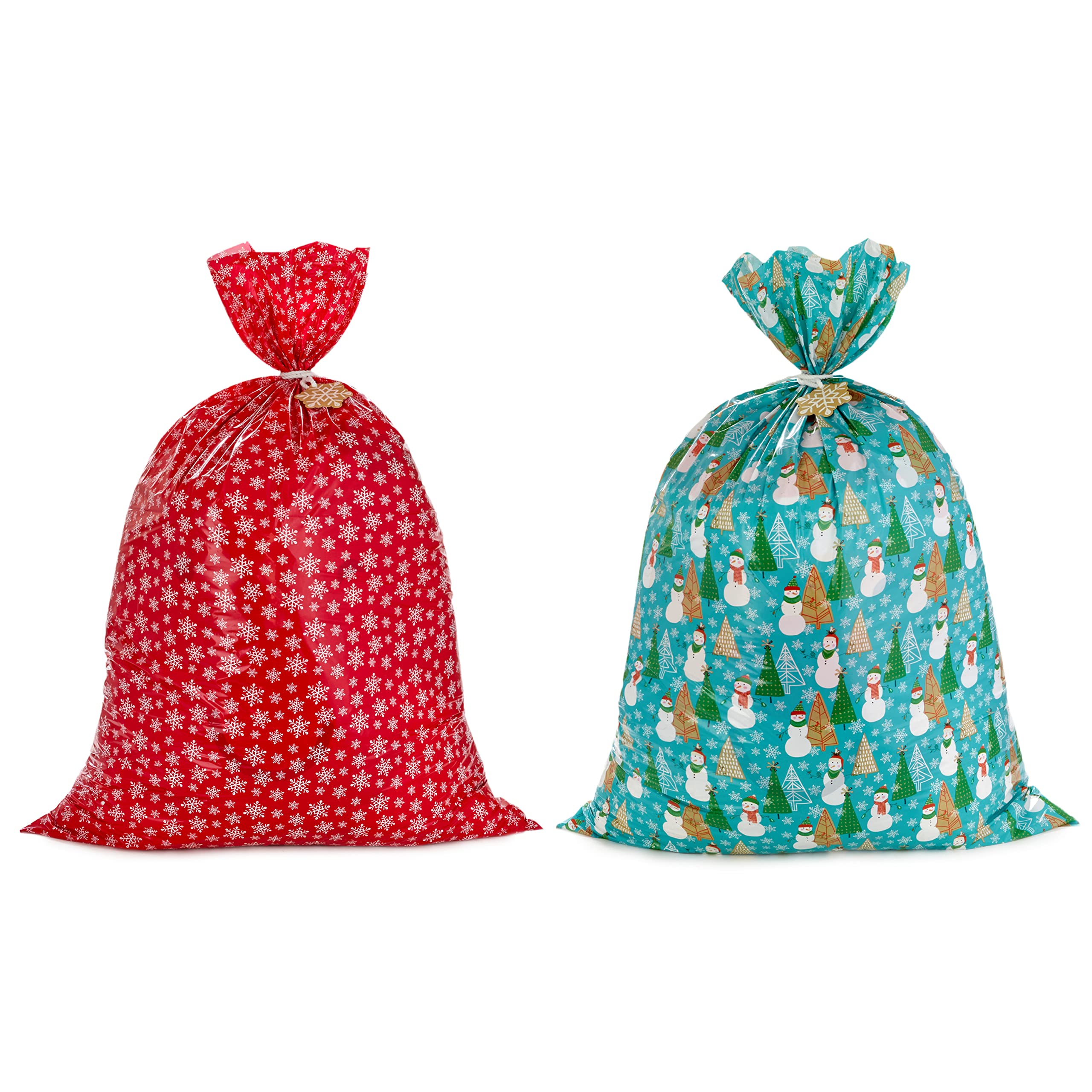 Hallmark Jumbo Plastic Holiday XL Gift Bags (2 Extra Large Bags: Snowflakes on Red, Rustic Snowmen) for Carry-on Luggage, Giant Stuffed Animals, Bedding Sets