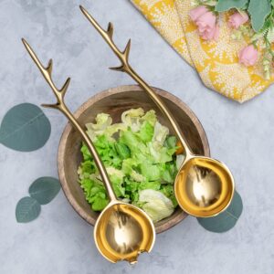 Twig Salad Servers Brass & Stainless Steel, Fork & Spoon Set Leaf Design, Two Tone Ideal for Weddings, Dinner, Elegant Flatware, Housewarming, Stainless Steel Mirror Polished