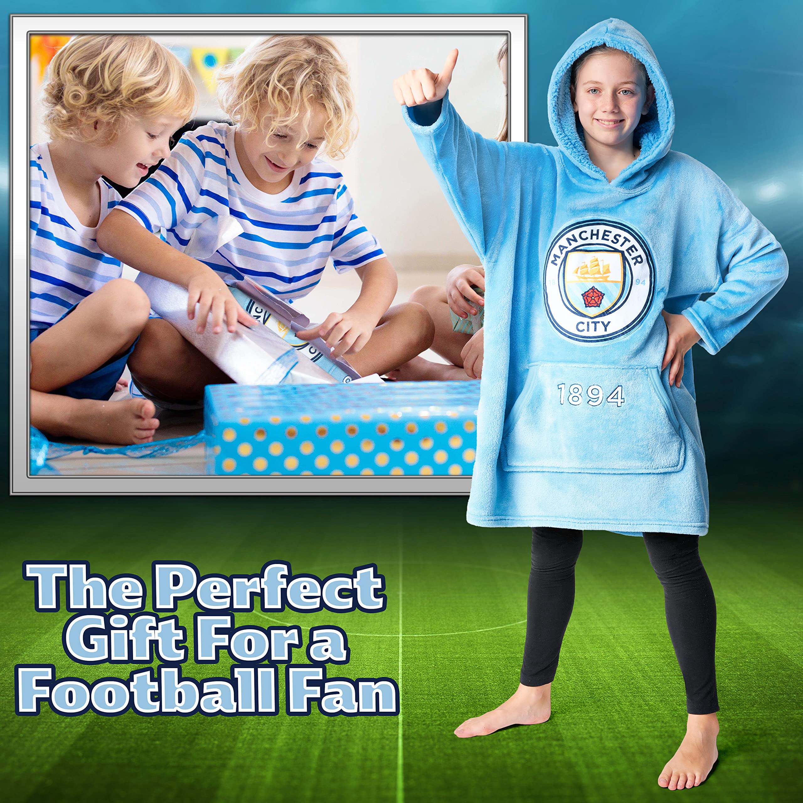 Manchester City F.C. Hoodie, Oversized Hoodie Blanket, Soccer Gifts for Boys Blue