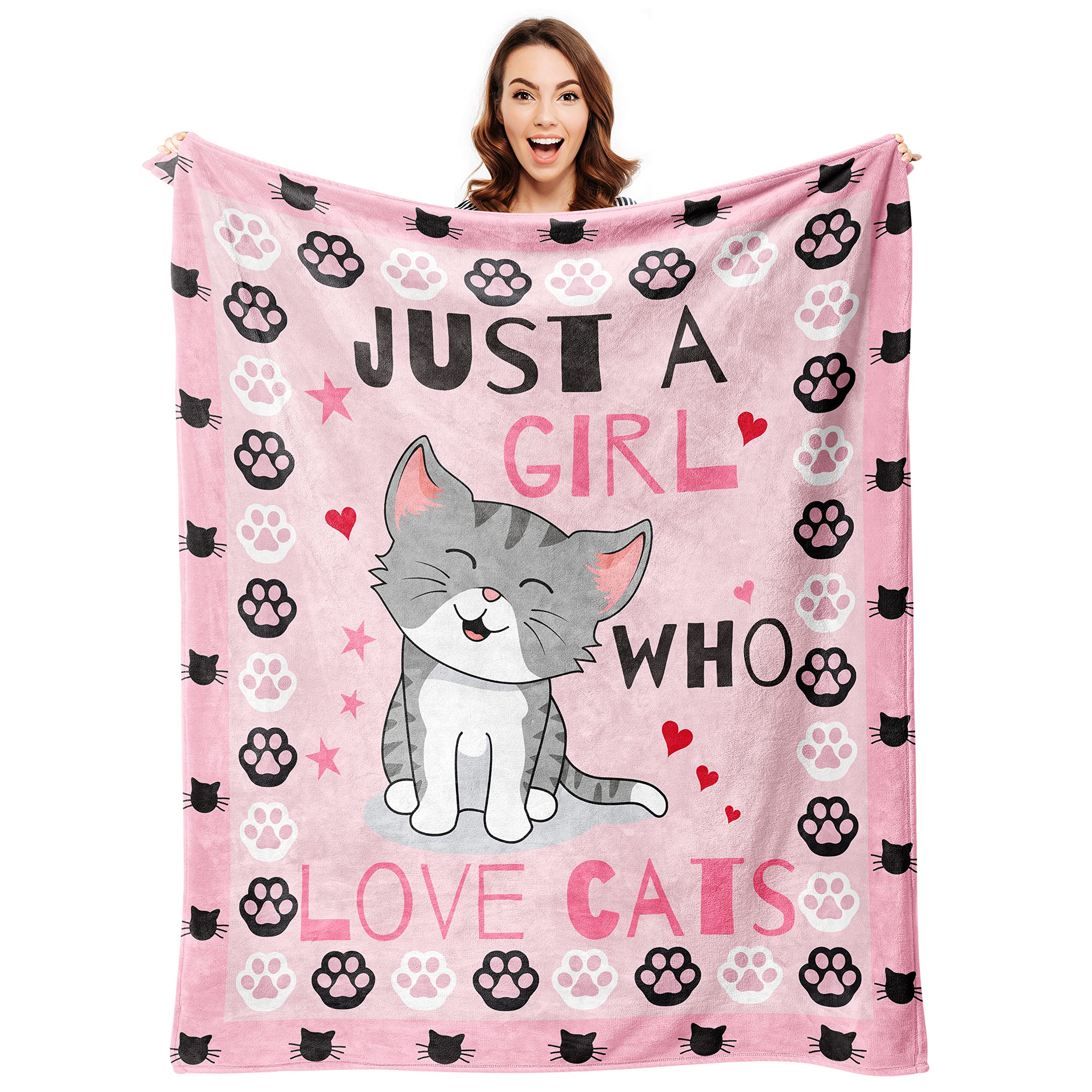 Cute Cat Throw Blanket Ultra Soft Warm Cozy Lightweight Microfiber Blankets, Just a Girl Who Loves Cats, Flannel Sherpa Fuzzy Fluffy Plush Throws for Sofa Couch Bedding All Season 60"x50"