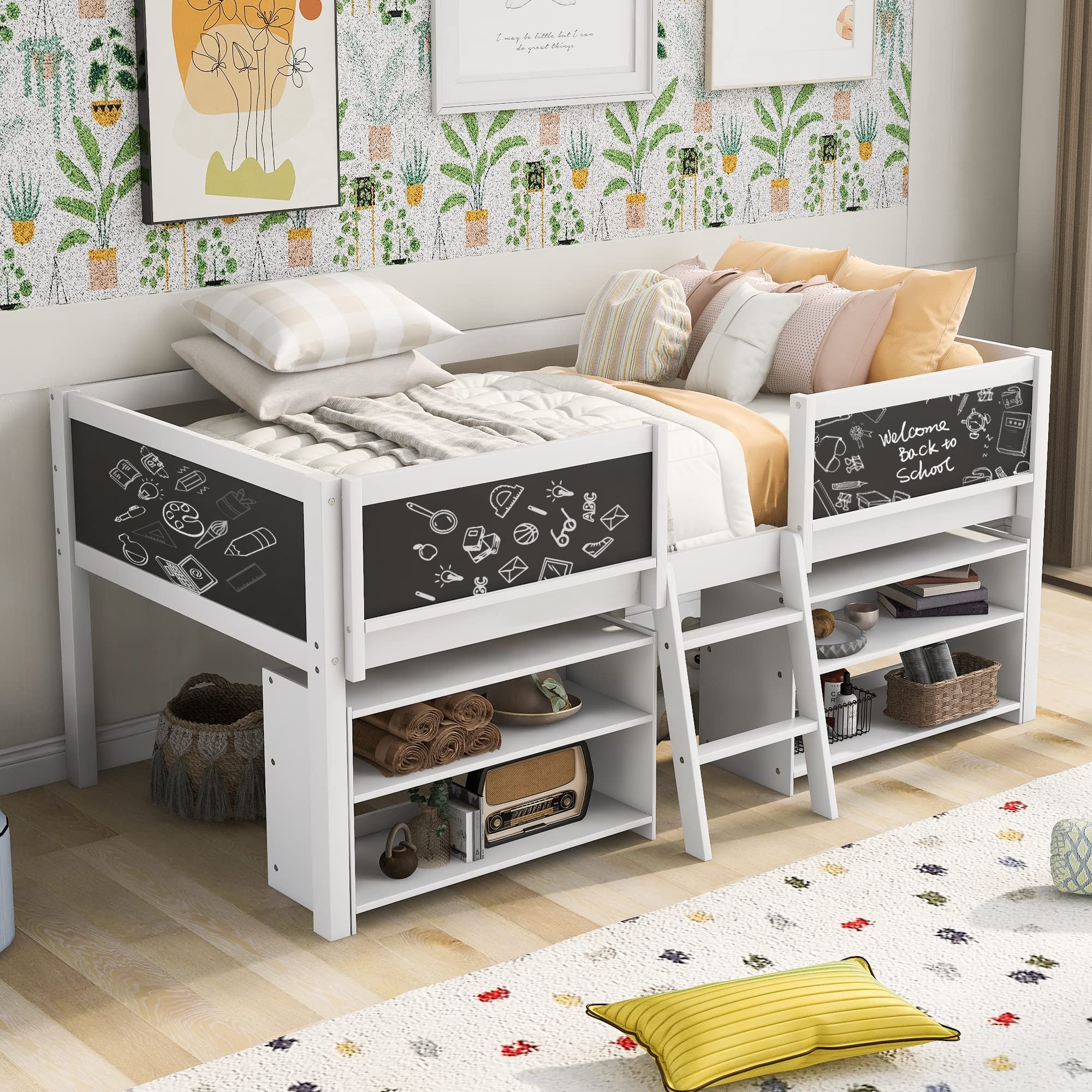 Kids Low Loft Bed with Storage, Twin Loft Bed with Two Movable Shelves and Ladder, Wooden Loft Bed with Decorative Guardrail Chalkboard, for Kids Girls Boys - White