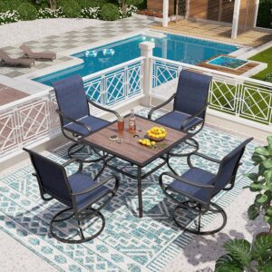 PHI VILLA Patio Dining Set 5 Piece, 4 Breathable Textilene Swivel Patio Chairs and 1 Round Metal Table with 1.57" Umbrella Hole, All Weather Resistant for Lawn Garden