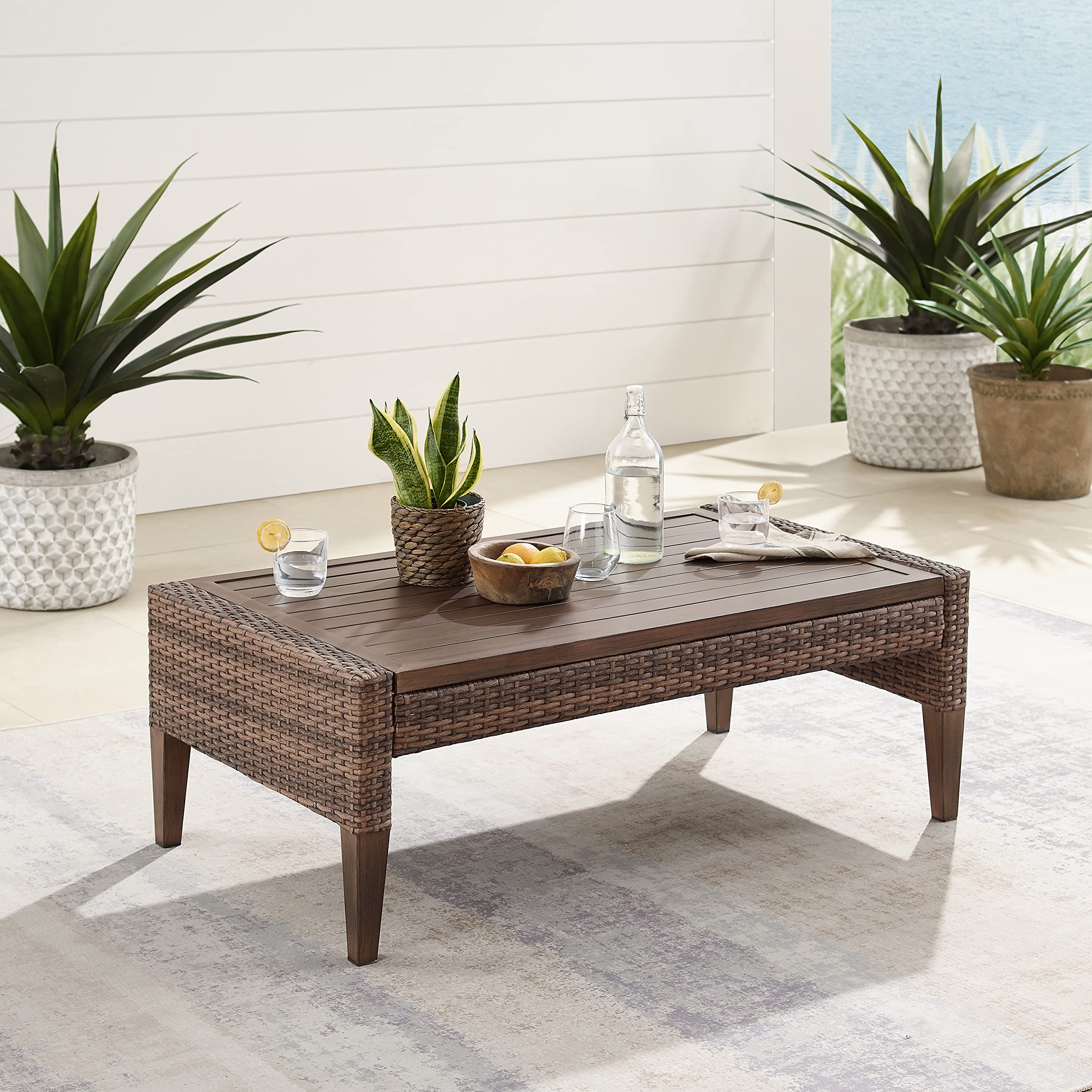 Crosley Furniture Capella Wicker Outdoor Coffee Table for Patio, Deck, Porch, Brown