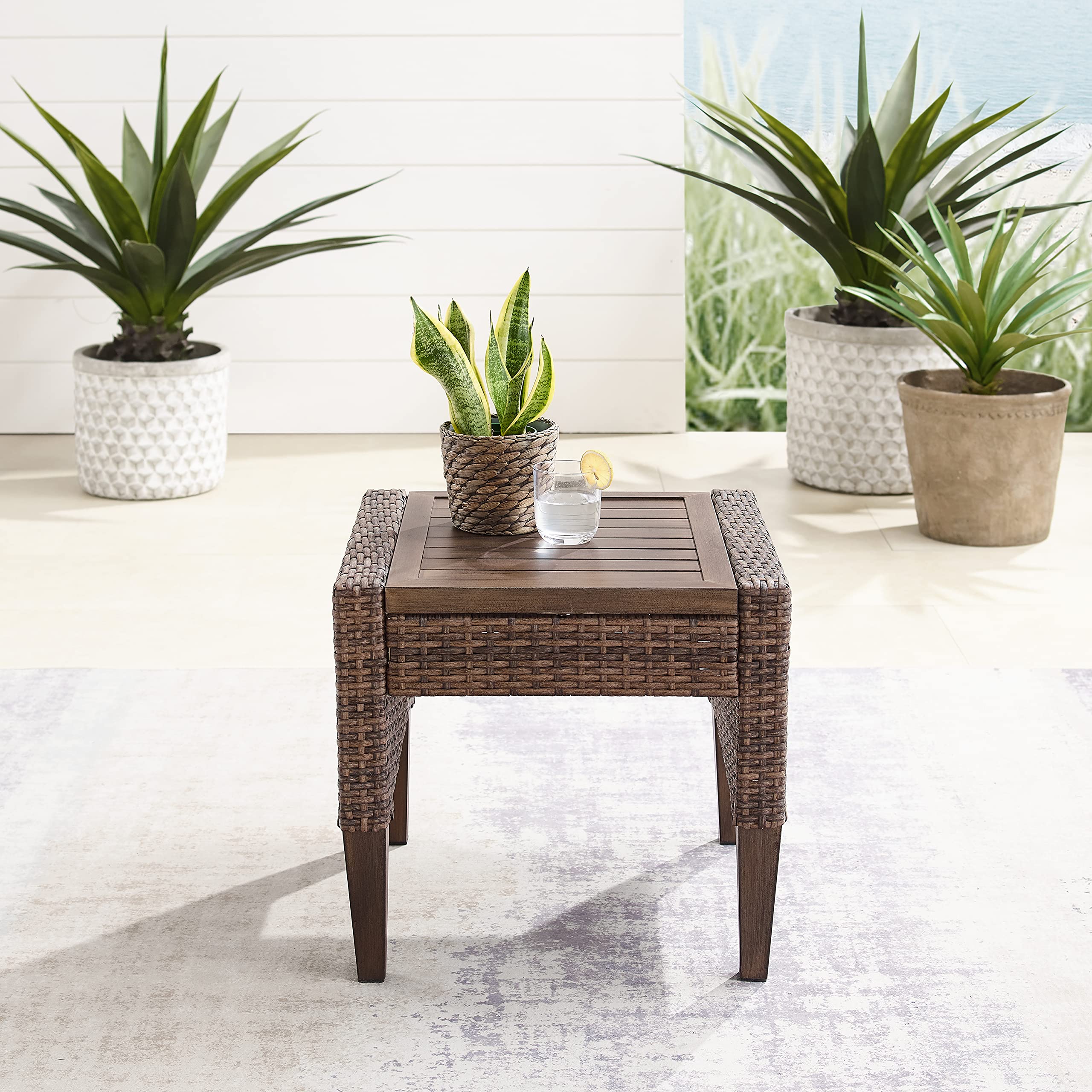 Crosley Furniture Capella All Weather Rattan Wicker Outdoor Side Table for Patio, Deck, Porch, Brown