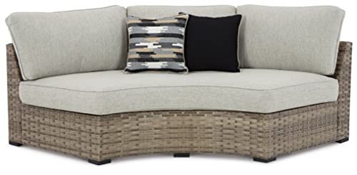 Signature Design by Ashley Outdoor Calworth Curved Patio Wicker Loveseat with Cushion, Beige