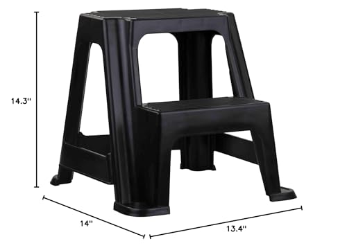 2-Step Plastic Stepping Stool by Spigo with Non-Slip Step Treads, Anti-Slip Design, Industrial Strength and Resilience, Compact and Lightweight, Black