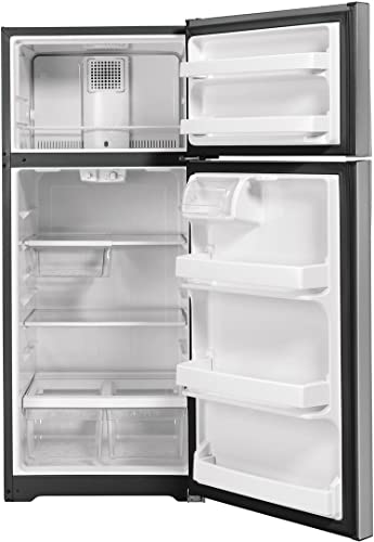 GE GTE18GSNRSS 28 Energy Star Qualified Top Freezer Refrigerator with 17.52 cu. ft. Capacity LED Lighting Adjustable Glass Shelves and Upfront Temperature Controls in Stainless Steel