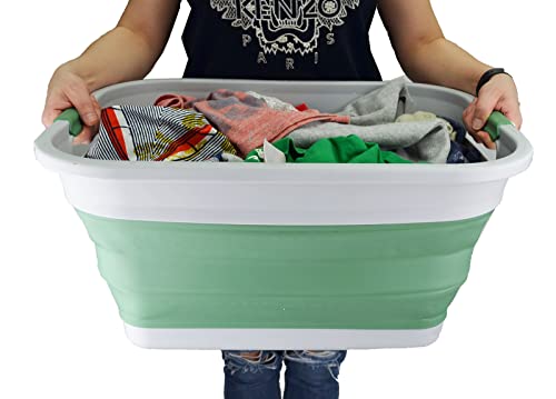 SAMMART 36L (9.5 gallon) Collapsible Plastic Laundry Basket-Foldable Pop Up Storage Container/Organizer-Space Saving Hamper, Water capacity: 28L(7.4 gallon) (1, Grey/Dark Sea Green)