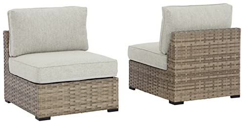 Signature Design by Ashley Outdoor Calworth Resin Wicker Patio Armless Chair, 2 Count, Beige