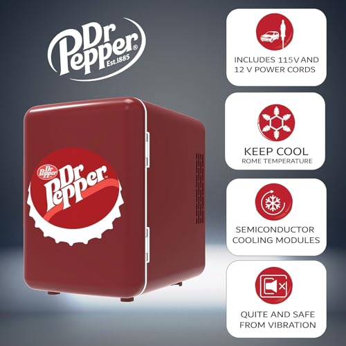 CURTIS MIS153DRP Dr. Pepper Retro Mini Portable Compact Personal Fridge Cooler, 4 Liter Capacity, 6 Cans, Makeup, Skincare, Freon-Free & Eco Friendly, Maroon