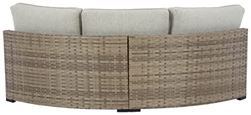 Signature Design by Ashley Outdoor Calworth Curved Patio Wicker Loveseat with Cushion, Beige