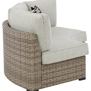 Signature Design by Ashley Outdoor Calworth Curved Patio Wicker Loveseat with Cushion, Beige