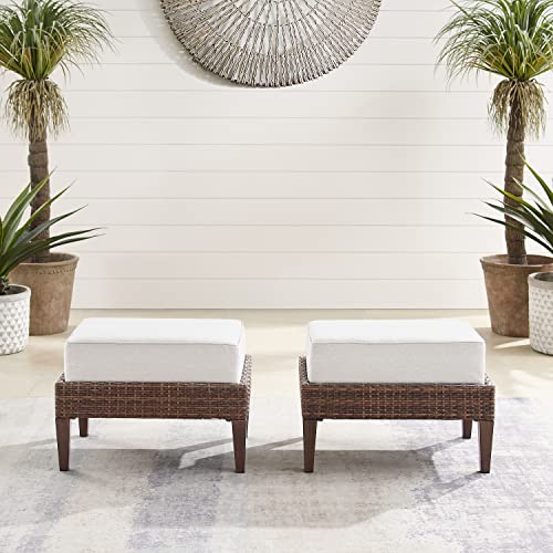 Crosley Furniture Capella 2-Piece Wicker Outdoor Ottoman Foot Rest for Patio, Deck, Porch, Creme