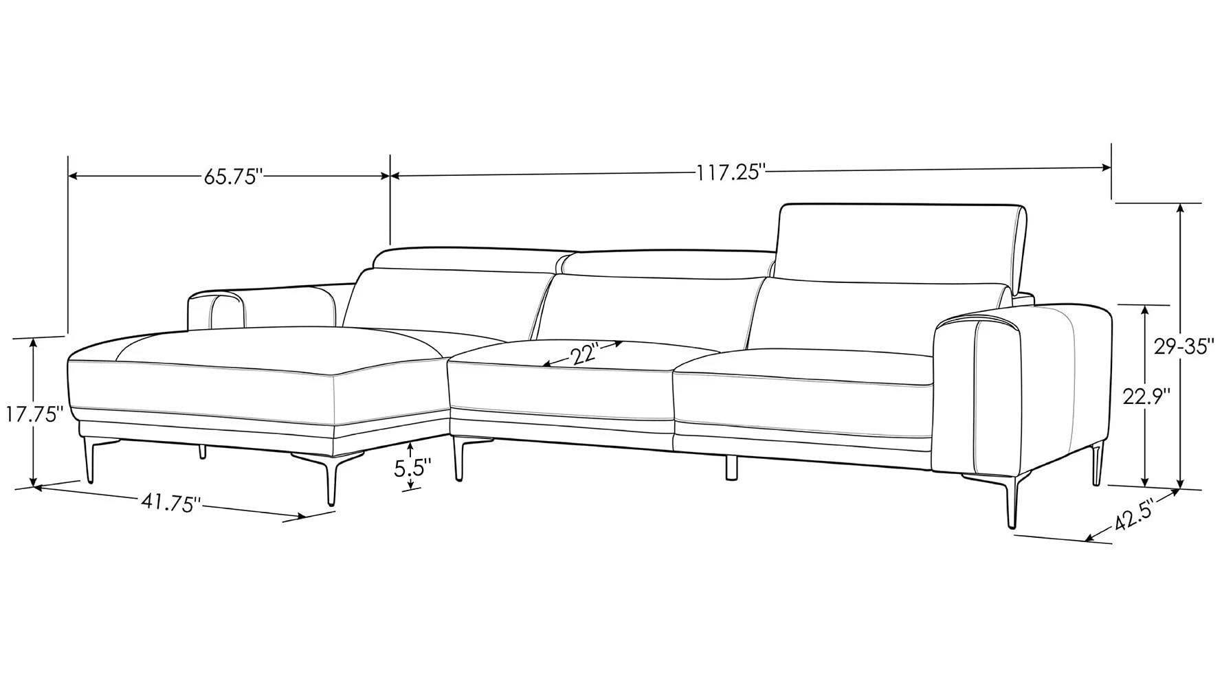 ZURI Rousso Leather Sofa with Ratcheting Headrests - Right Chaise - Slate