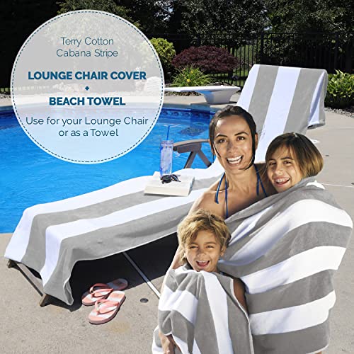 Superior Cabana Cotton Lounge Chair Cover, Outdoor Towel/Chaise Furniture Covers, Terry Cloth, Beach, Spa, Swim Accessories, Pool Chair Cover, Soft, Quick Drying, 32" x 102", Light Grey