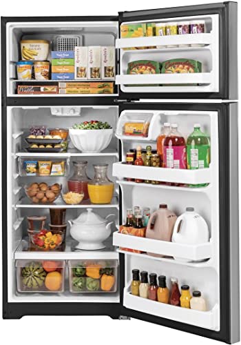 GE GTE18GSNRSS 28 Energy Star Qualified Top Freezer Refrigerator with 17.52 cu. ft. Capacity LED Lighting Adjustable Glass Shelves and Upfront Temperature Controls in Stainless Steel