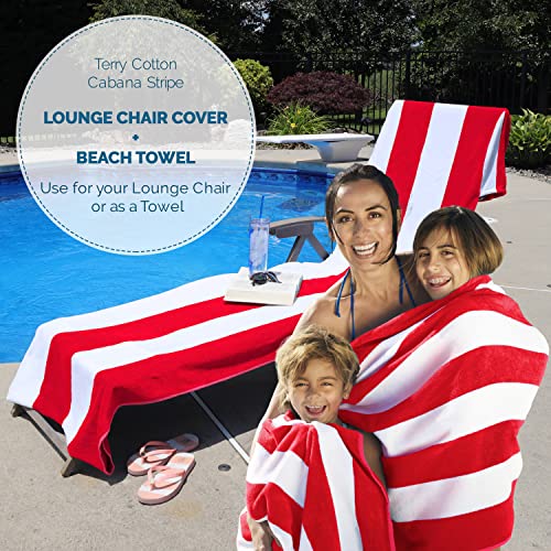 Superior Cabana Cotton Lounge Chair Cover, Outdoor Towel/Chaise Furniture Covers, Terry Cloth, Beach, Spa, Swim Accessories, Pool Chair Cover, Soft, Quick Drying, 32" x 102", Red