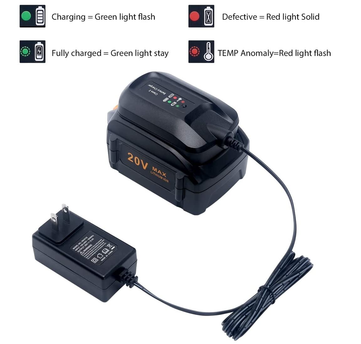 WA3742 Battery Charger for Worx 20V MAX Lithium PowerShare Battery WA3520 WA3525 WA3578 WA3732 WA3875 WA3881 WA3512.1