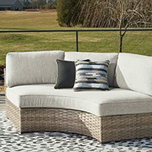 Signature Design by Ashley Outdoor Calworth Curved Patio Wicker Loveseat with Cushion, Beige