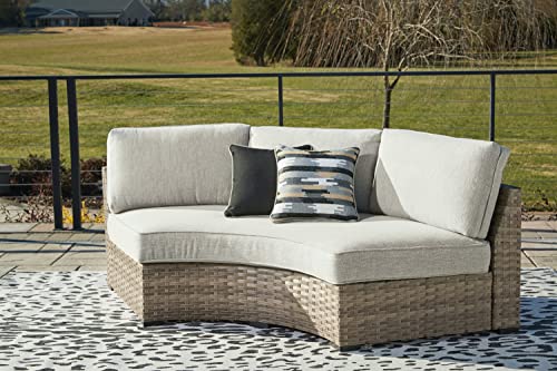 Signature Design by Ashley Outdoor Calworth Curved Patio Wicker Loveseat with Cushion, Beige