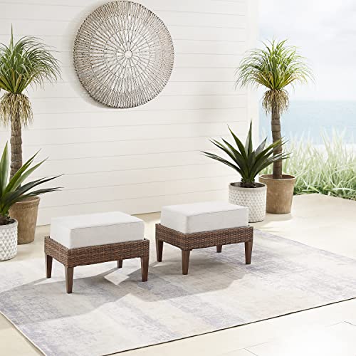 Crosley Furniture Capella 2-Piece Wicker Outdoor Ottoman Foot Rest for Patio, Deck, Porch, Creme