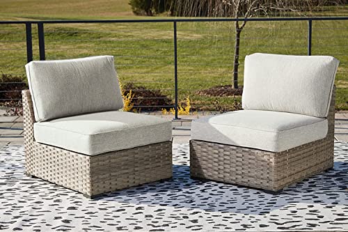 Signature Design by Ashley Outdoor Calworth Resin Wicker Patio Armless Chair, 2 Count, Beige