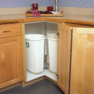 Kitchen Inventions Rotating Corner Base Cabinet Recycling Trash Center with Three Bins 3 x 32 qts Capacity Chrome/White