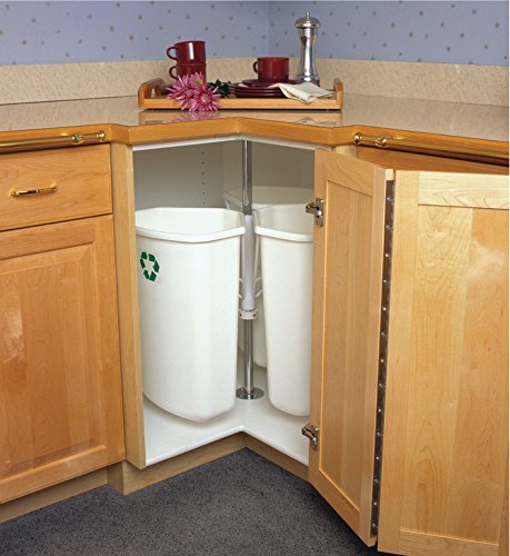 Kitchen Inventions Rotating Corner Base Cabinet Recycling Trash Center with Three Bins 3 x 32 qts Capacity Chrome/White