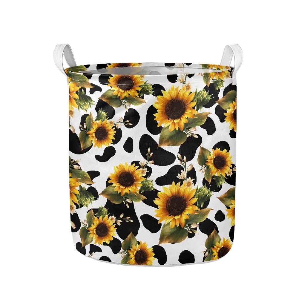 GOSTONG Cow Print Sunflower Large Sized Storage Baskets,Canvas Waterproof Storage Bin,Collapsible Organizer Baskets for Home,Office,Toy Bins,Laundry Hamper