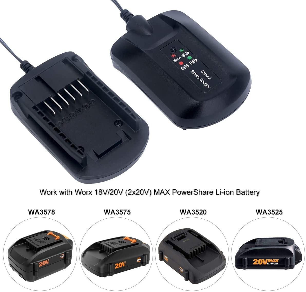 WA3742 Battery Charger for Worx 20V MAX Lithium PowerShare Battery WA3520 WA3525 WA3578 WA3732 WA3875 WA3881 WA3512.1