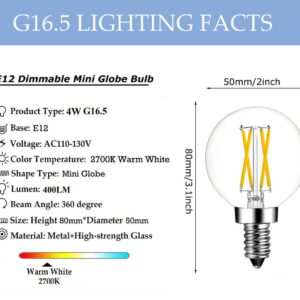 Dimmable E12 Candelabra LED Edison Bulbs, 4W Equal to 40 Watt G16.5 Mini Globe Light Bulbs, 2700K Warm White, E12 Mini Globe Bulb for Chandeliers, Ceiling Fan, Pendant 5-Pack