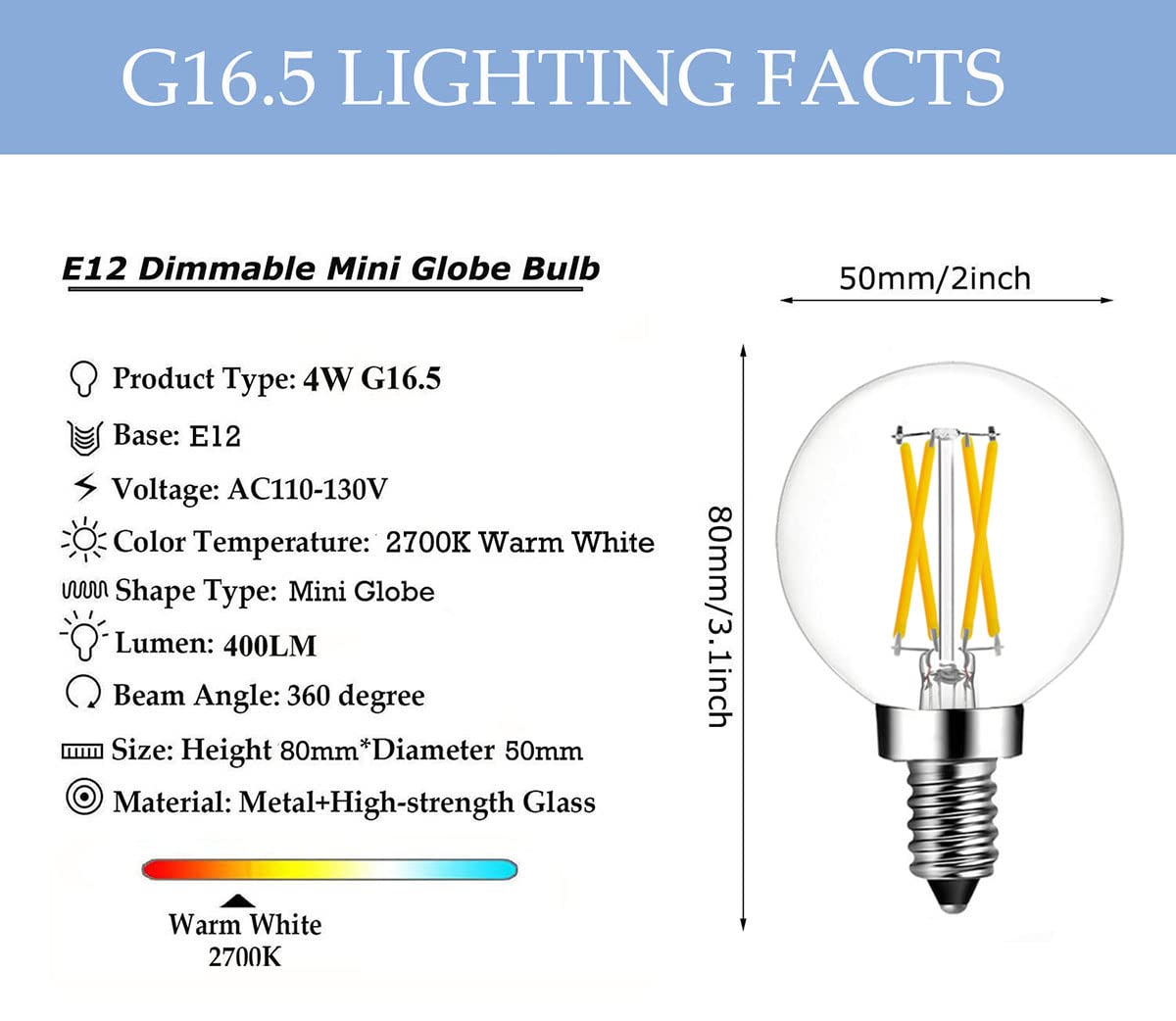 Dimmable E12 Candelabra LED Edison Bulbs, 4W Equal to 40 Watt G16.5 Mini Globe Light Bulbs, 2700K Warm White, E12 Mini Globe Bulb for Chandeliers, Ceiling Fan, Pendant 5-Pack