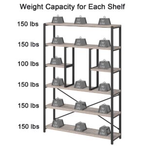 LVB Industrial 6 Tier Bookshelf, Large Tall Open Rustic Vintage Etagere Bookcase, Gray Big Wide Modern Farmhouse Wood and Metal Book Shelf for Home Bedroom Living Room Office Storage, Light Grey Oak