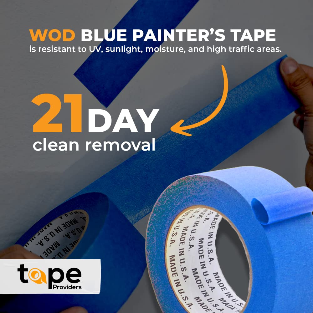 WOD PMT21B Blue Painter’s Tape - 3 inch x 60 yds. (4 Pack). Thick & Wide Masking Tape for Safe Wall Painting, Building, Remodeling, Labeling, Edge Finishing