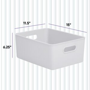 Superio Ribbed Collection - Decorative Plastic Open Home Storage Bins Organizer Baskets, Large White Smoke (1 Pack) Container Boxes for Organizing Closet Shelves Drawer Shelf 15 Liter/16 Quart